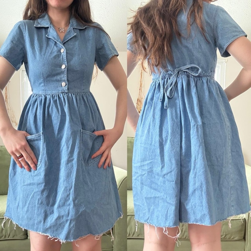 Jones New York Vintage 90s Babydoll Light Blue Denim Short Sleeve Tie-Back Dress